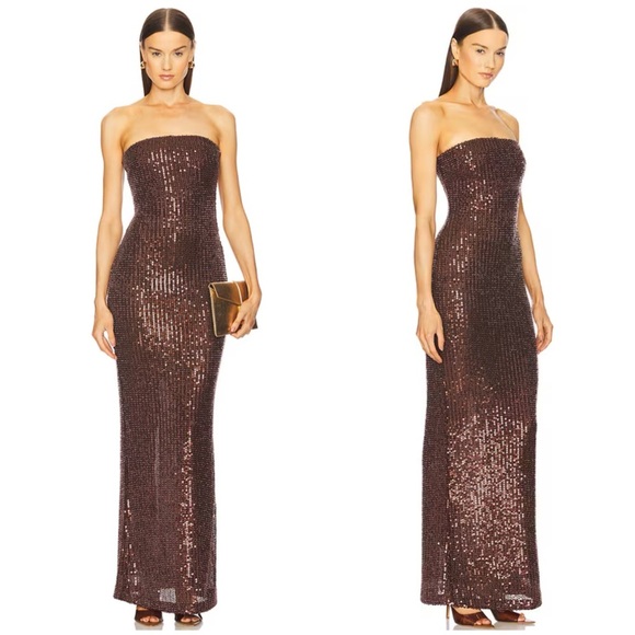 Michael Costello Saskia Sequin Gown Chocolate Brown - Picture 1 of 6